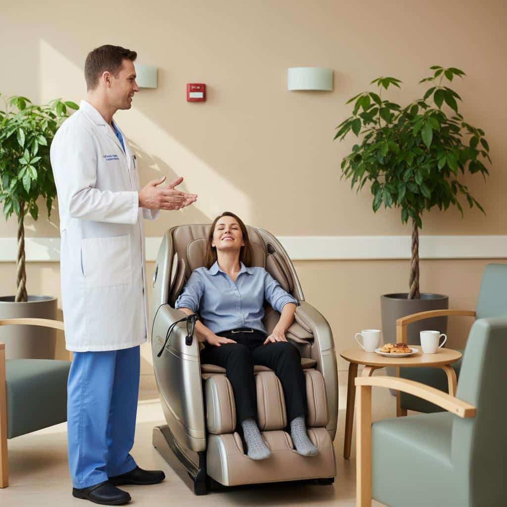 Haigla personali puhkeruum, kus üks töötaja istub massaažitoolis sokkidega ja teine valges kitlis töötaja seisab kõrval ning vestleb temaga.